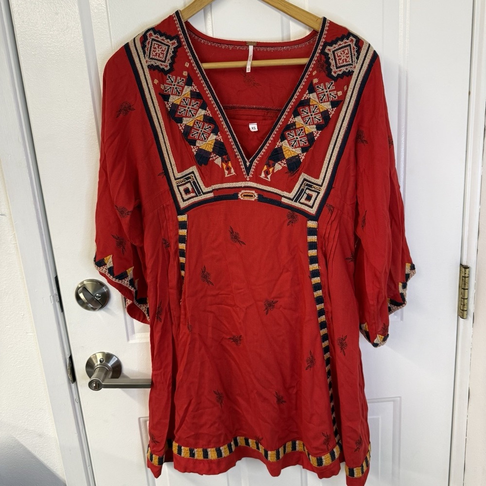 Free People Embroidered Boho Peasant Tunic Dress V Neck In Red Womens‎ Size XS